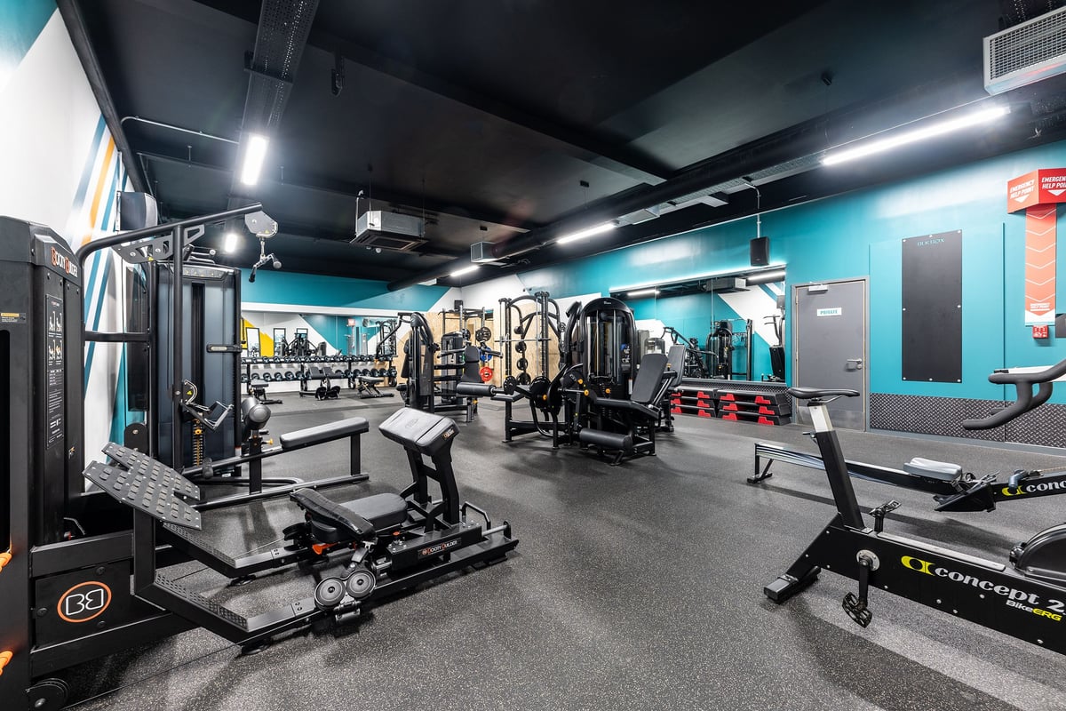 PureGym Leamington Spa: Strength training equipment, squat racks, benches, free weights, and resistance machines.