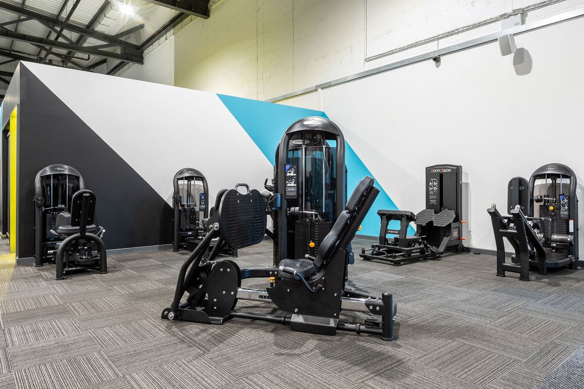 PureGym York: Gym studio with resistance machines, free weights, benches, and geometric patterned walls.