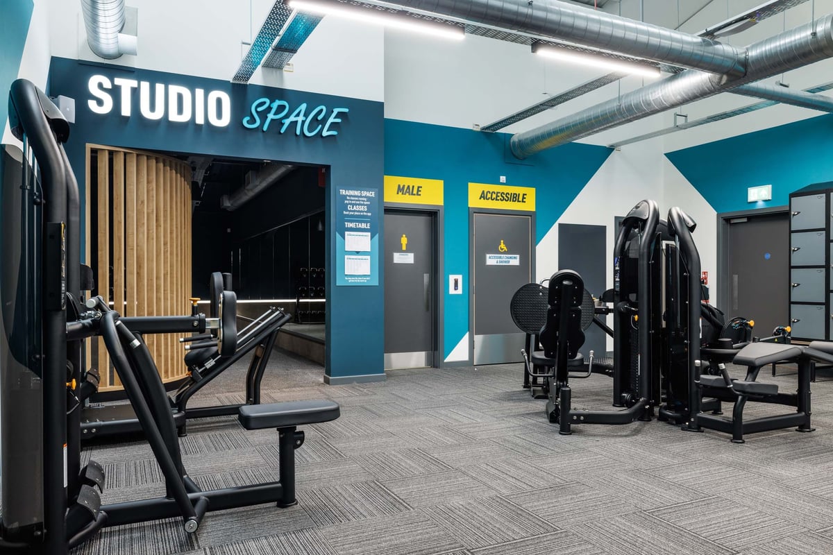 PureGym Cramlington fixed pin machines at entrance to studio space