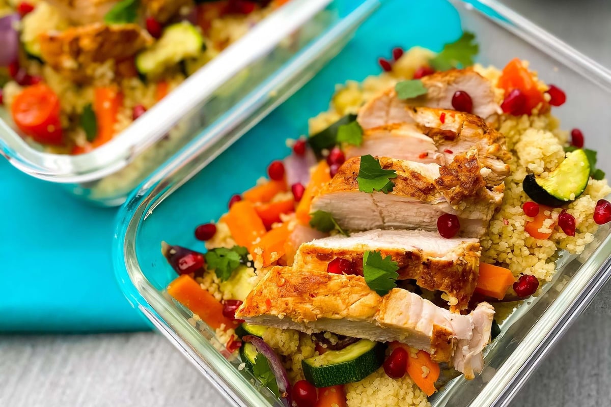 Grilled chicken slices on couscous with vegetables and pomegranate seeds in glass container