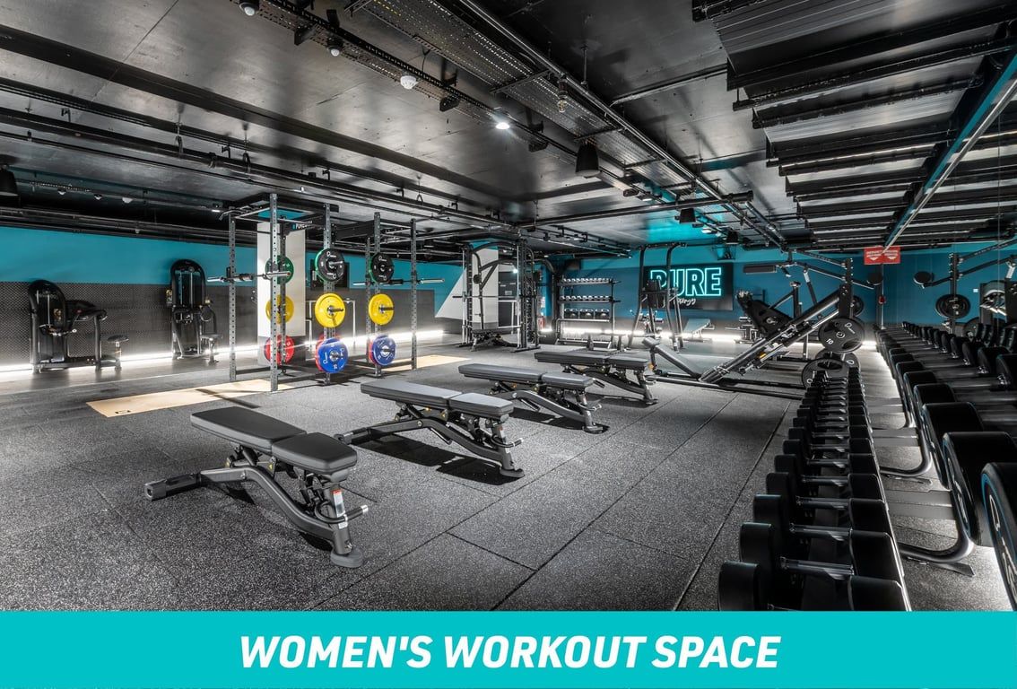PureGym London Swiss Cottage Women's Workout Space: Free weights area with benches and dumbbells