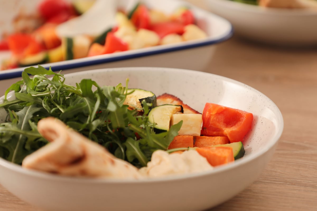 Hot Honey Halloumi, Chickpea and Veg Traybake Plated
