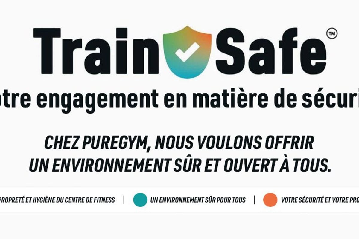 Logo Train Safe avec le message d'engagement de sécurité de PureGym et trois piliers de sécurité affichés sur fond blanc