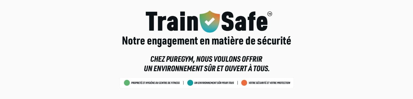 Logo Train Safe avec le message d'engagement de sécurité de PureGym et trois piliers de sécurité affichés sur fond blanc