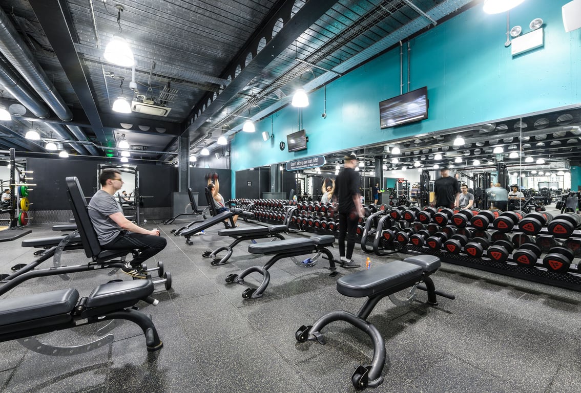 PureGym Edinburgh Quartermile: Rows of treadmills, weight racks, benches, and grey flooring in a dimly lit fitness studio.