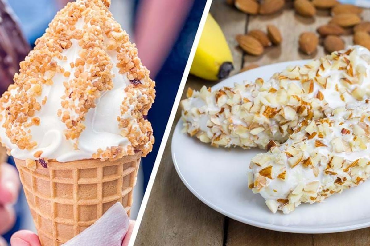 Soft serve ice cream cone and almond-covered ice cream bars on a plate with banana.
