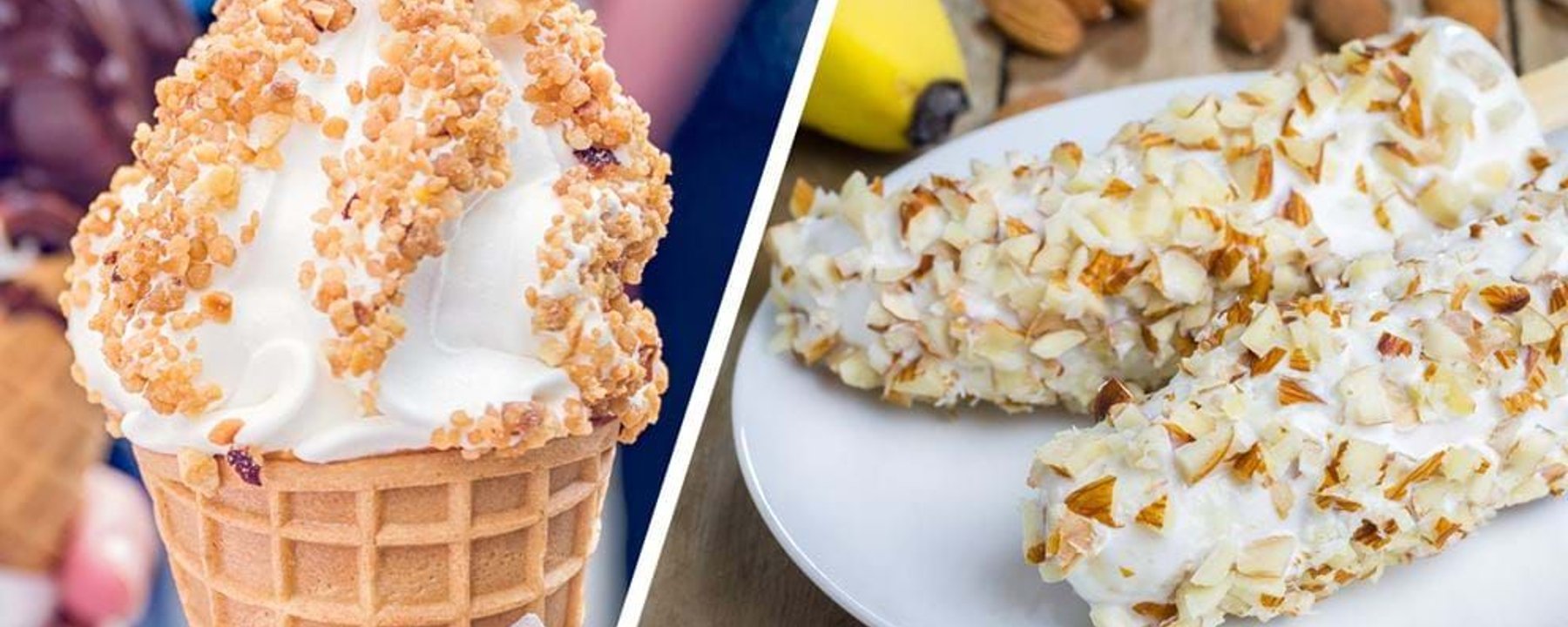 Soft serve ice cream cone and almond-covered ice cream bars on a plate with banana.