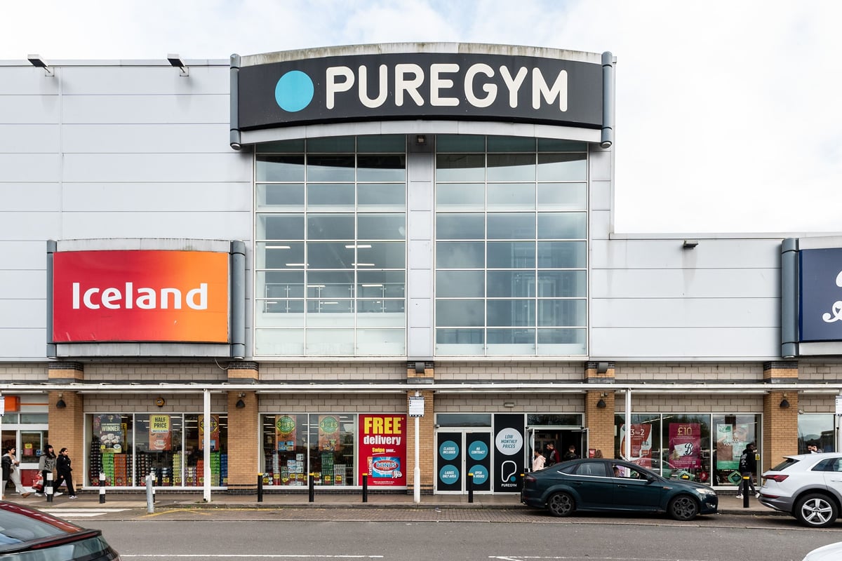 PureGym Birmingham West: The exterior of a gym building with storefronts including Iceland and PureGym.