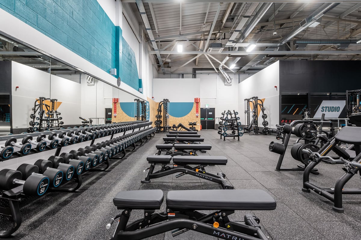 PureGym Taunton: Rows of squat racks, weight benches, dumbbells, and weight plates on rubberized flooring.