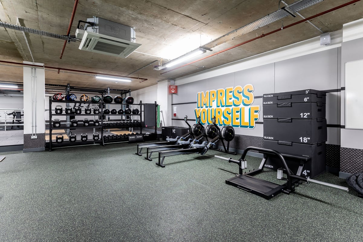 PureGym London Angel: Strength racks, treadmills, dumbbell weights, and motivational wall signage in a basement gym space.