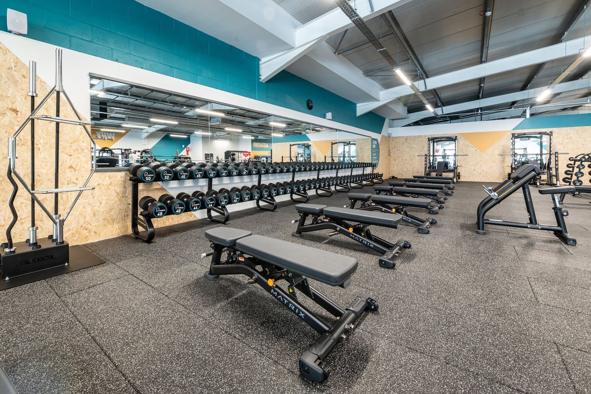 PureGym London Colney: Rows of weightlifting benches, racks for free weights, resistance bands, and dumbbell racks.