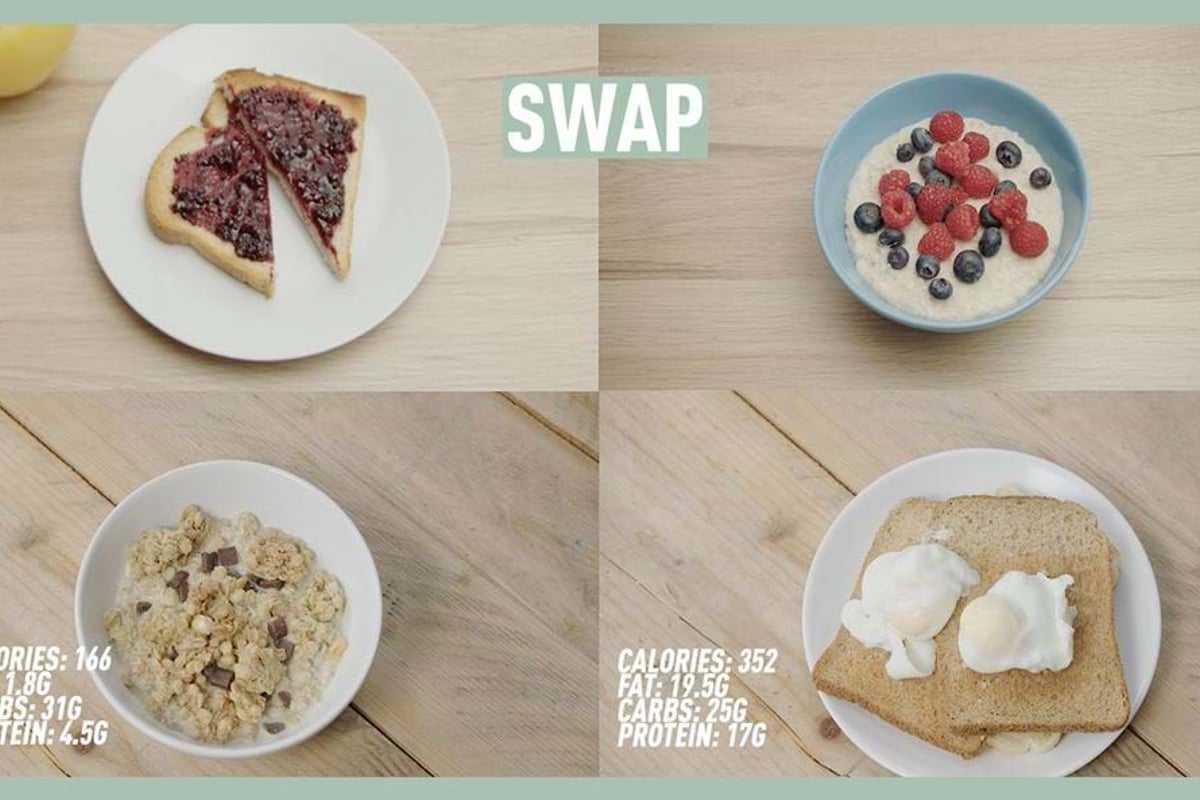 Two slices of jam toast, porridge with berries, bowl of granola, and two poached eggs on t
