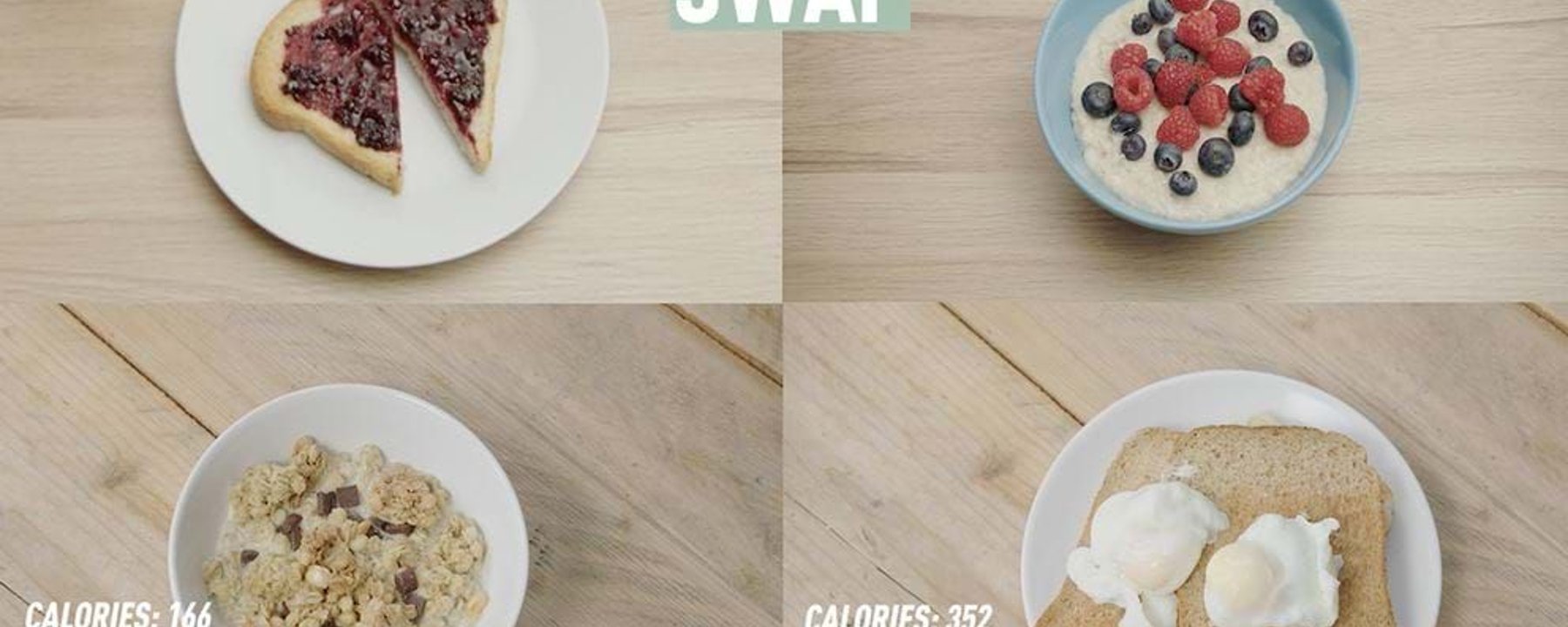 Two slices of jam toast, porridge with berries, bowl of granola, and two poached eggs on t