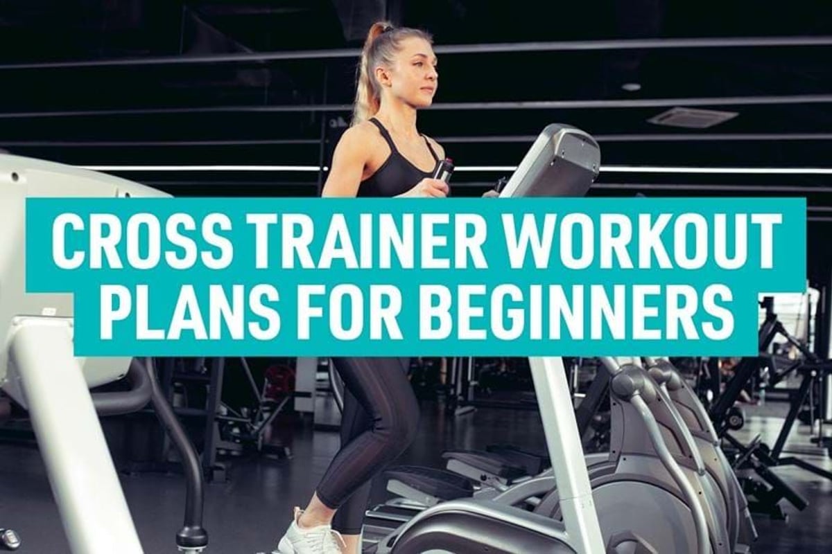 Woman exercising on a cross trainer in a gym with workout plans text overlay.