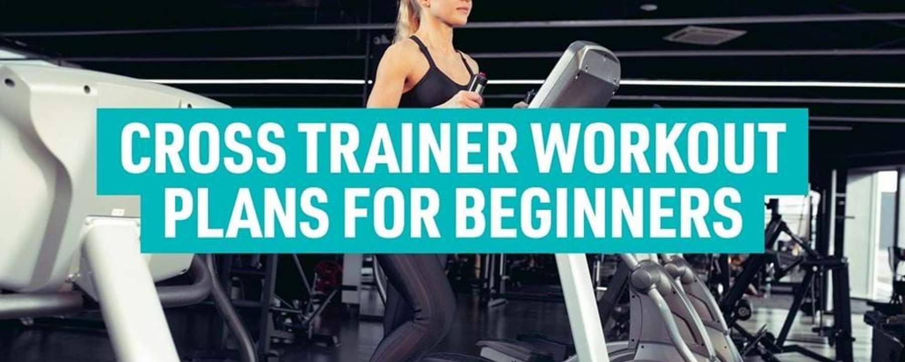 Woman exercising on a cross trainer in a gym with workout plans text overlay.