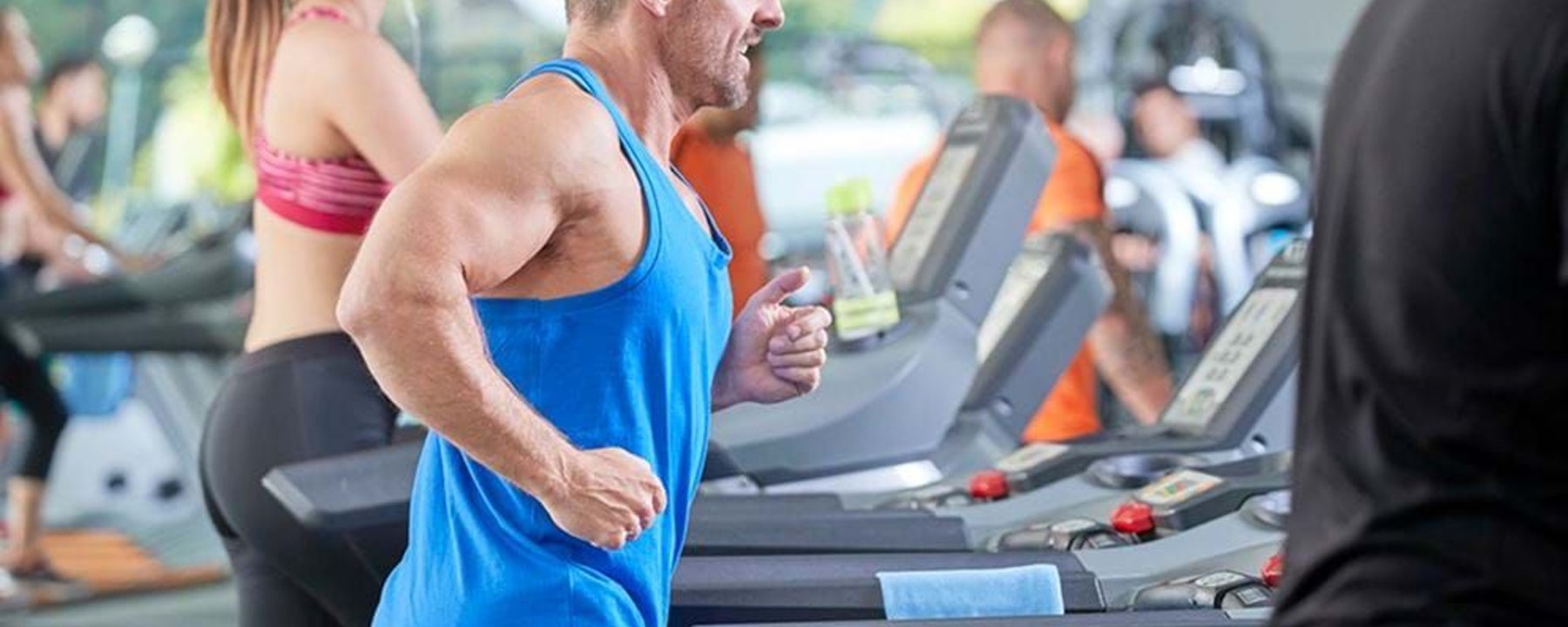 People running on treadmills in a gym with large windows in the background