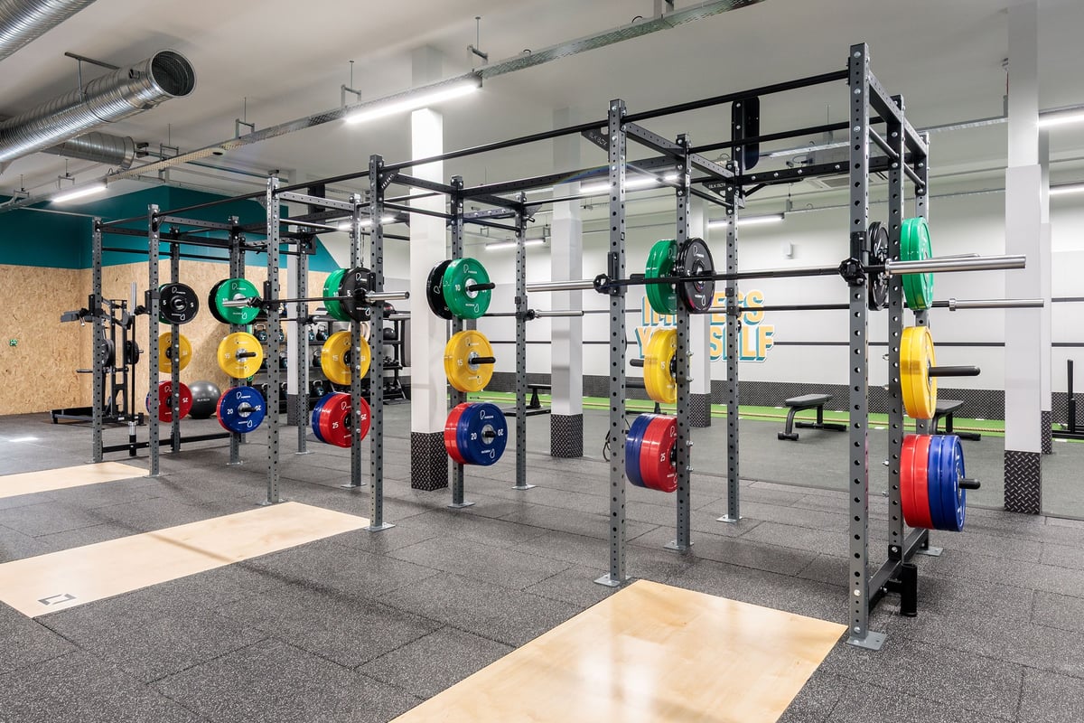 PureGym Frome: Power racks, colour-coded weight plates, rubberised flooring in a weight training area.
