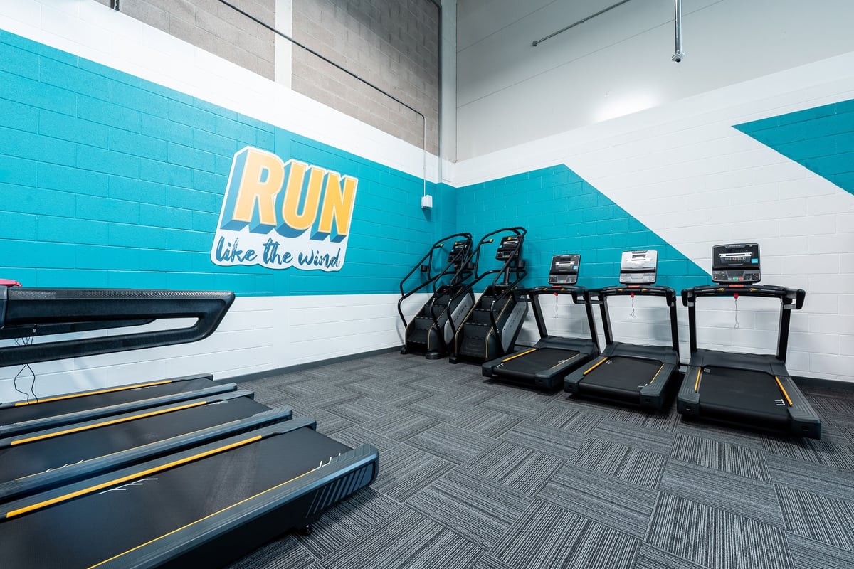 PureGym Shepton Mallet: Rows of treadmills, "Run like the wind" text on wall, mirrored studio space.