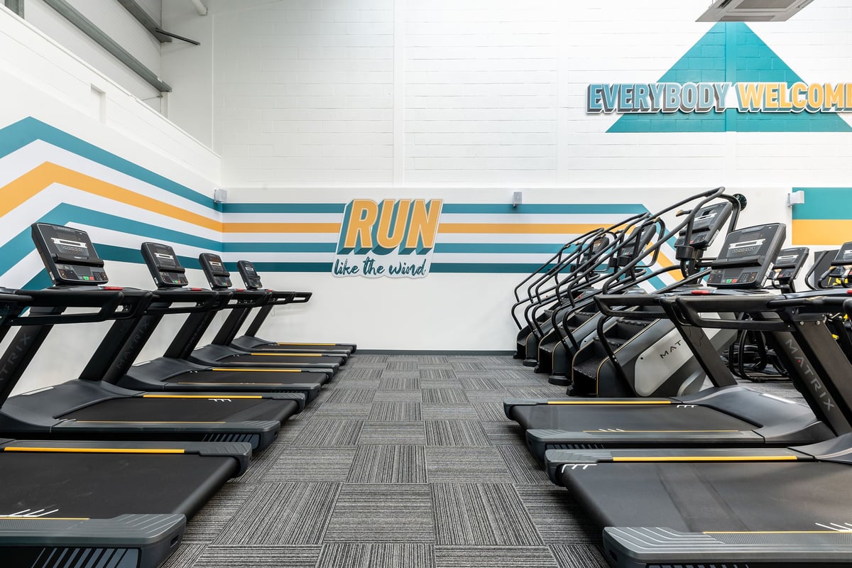 PureGym Blyth: Rows of treadmills inside a gym with colourful murals and motivational signage.