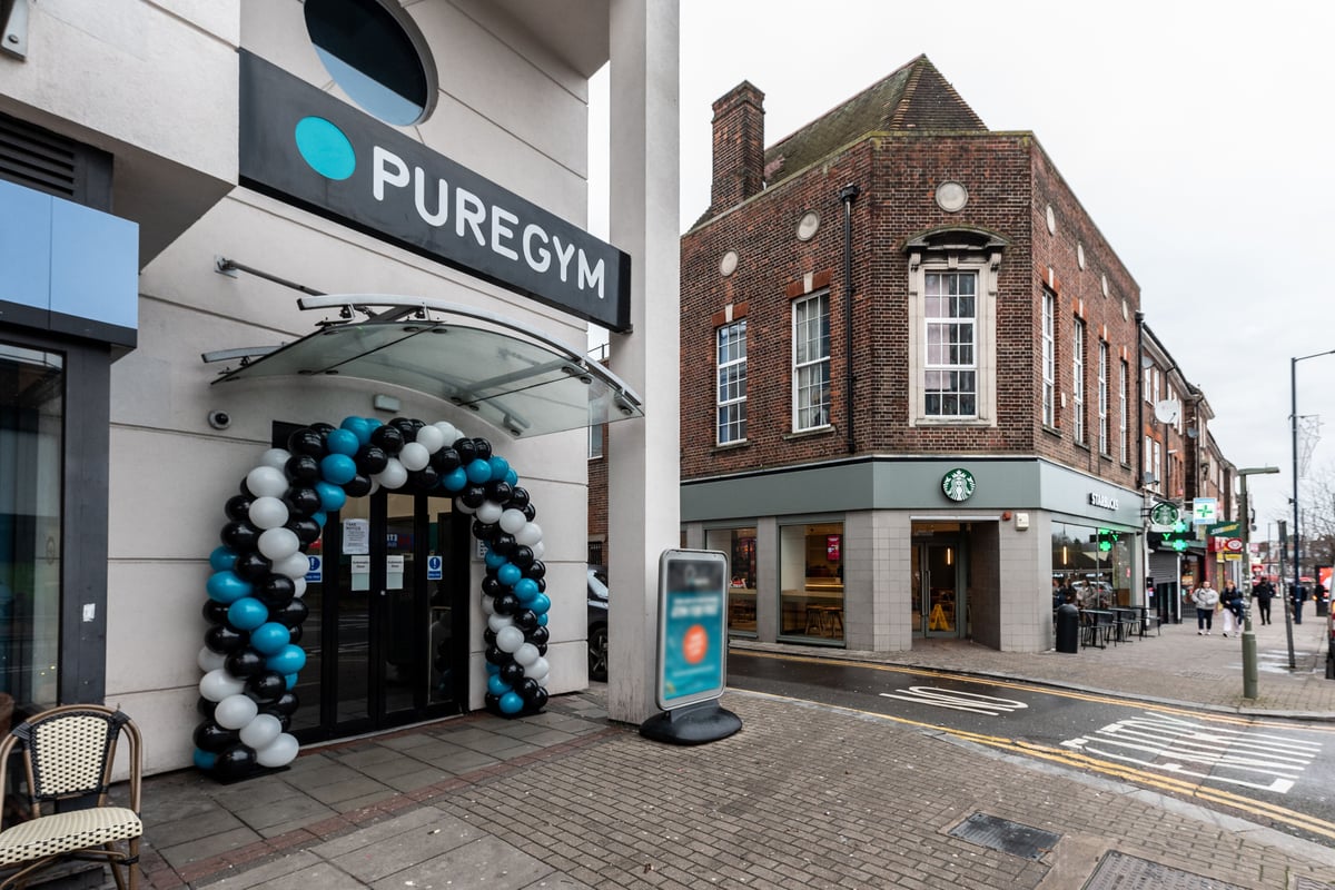 PureGym London Edgware: Exterior of gym with blue and white balloon arch over entrance.