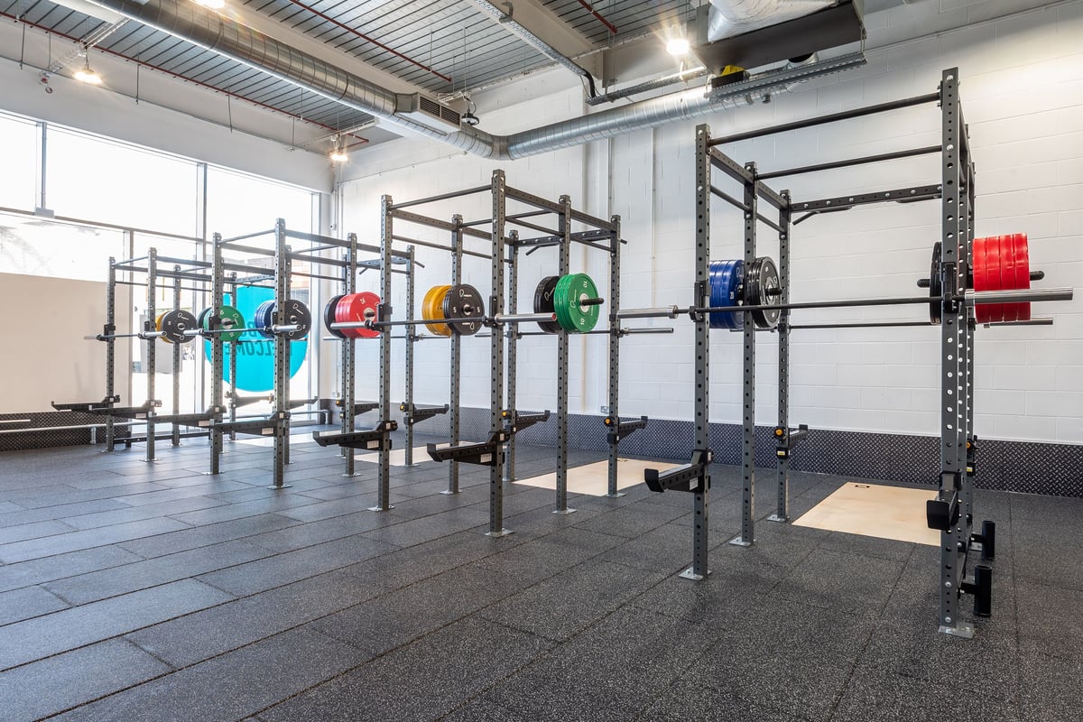 PureGym Newport Wales: Rig frames, weight plates in varied colours, rubberized floors in a gym's functional training area.