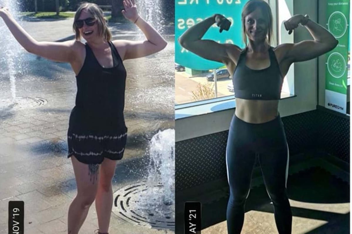 Woman in black dress by fountain and woman in sportswear flexing muscles indoors