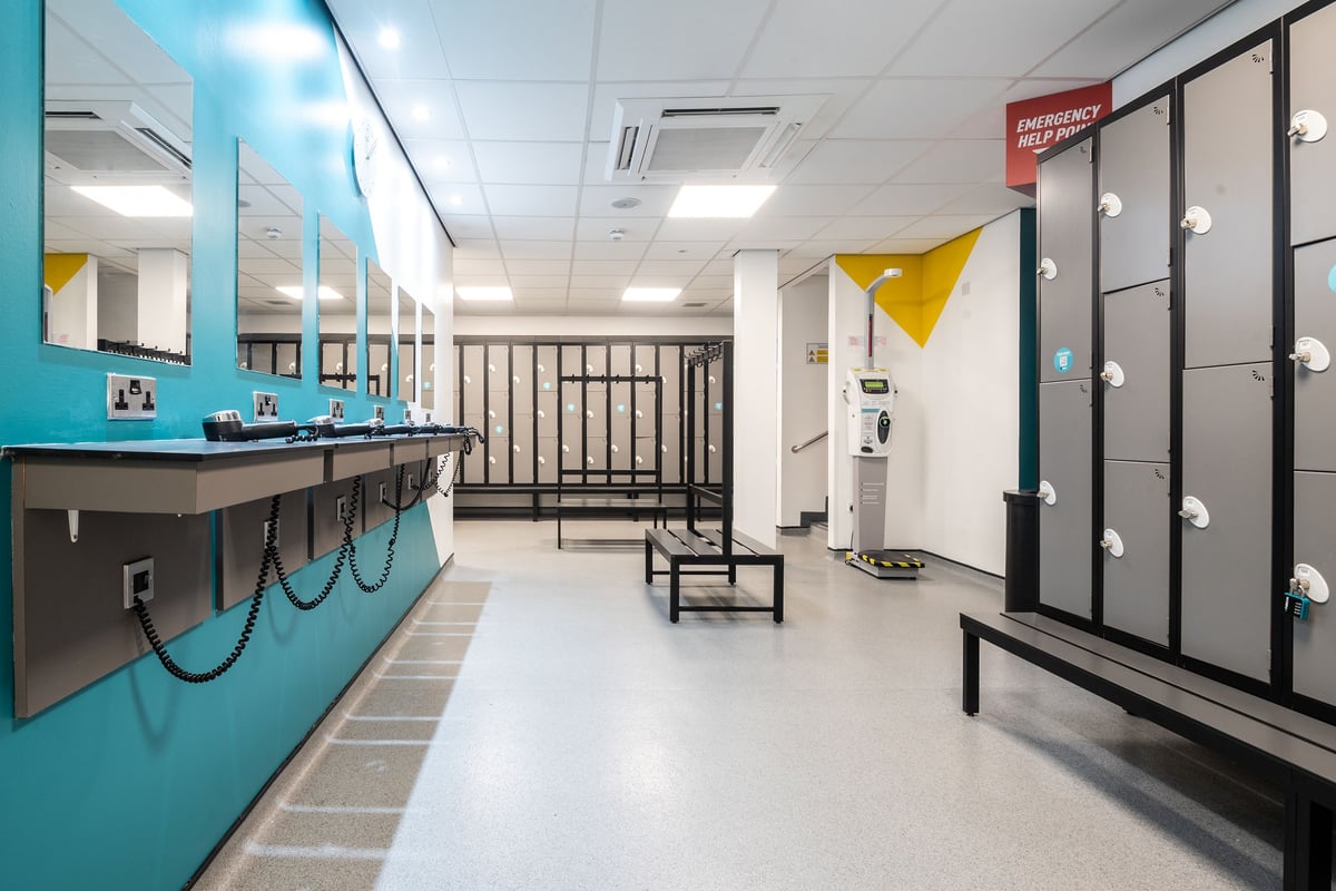 PureGym Dunfermline: Lockers, benches, sinks along blue-tiled wall, typical changing room interior.