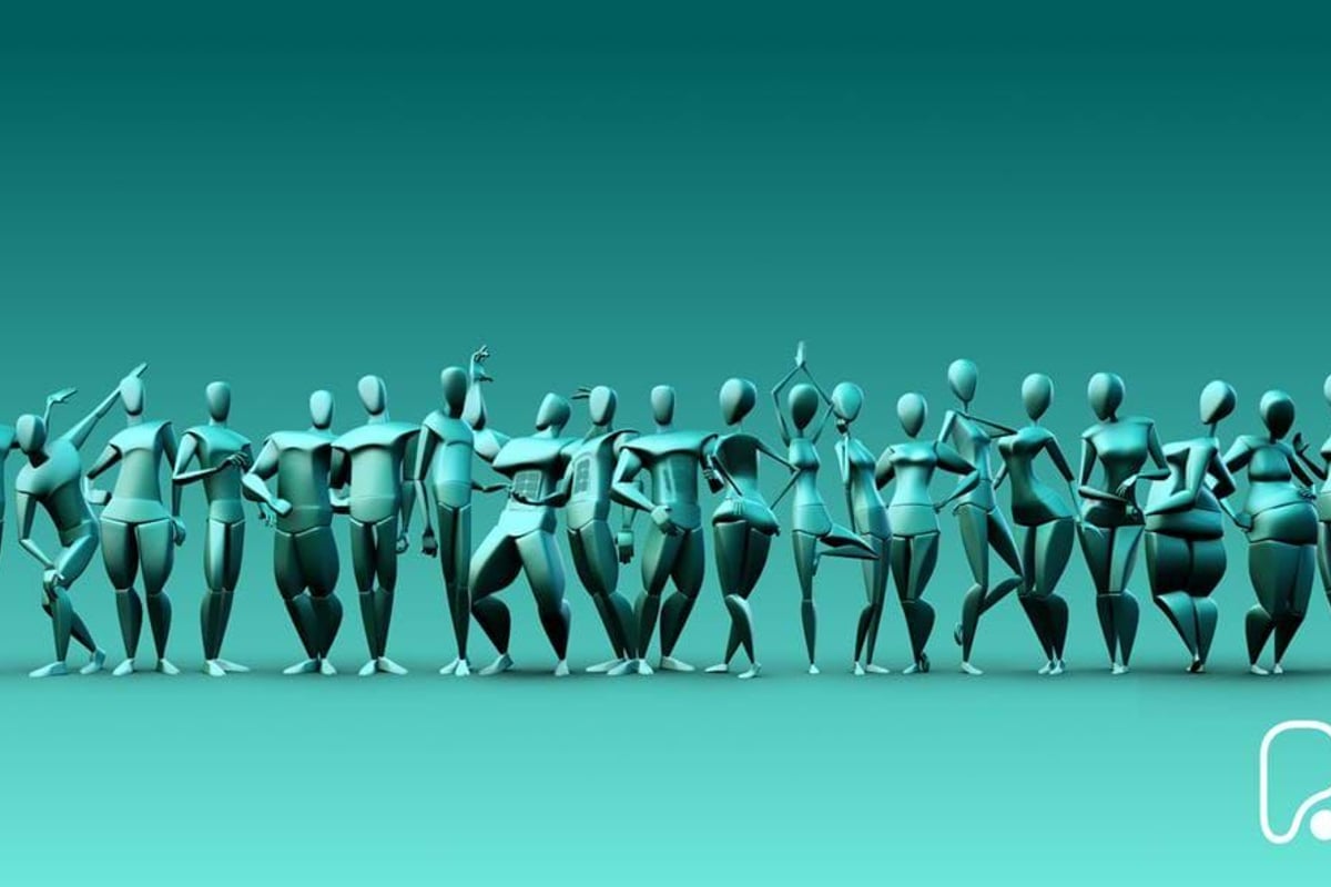 Row of teal mannequins in various poses against a teal background