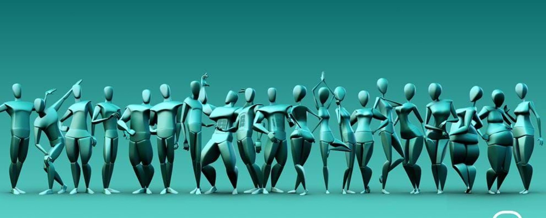 Row of teal mannequins in various poses against a teal background