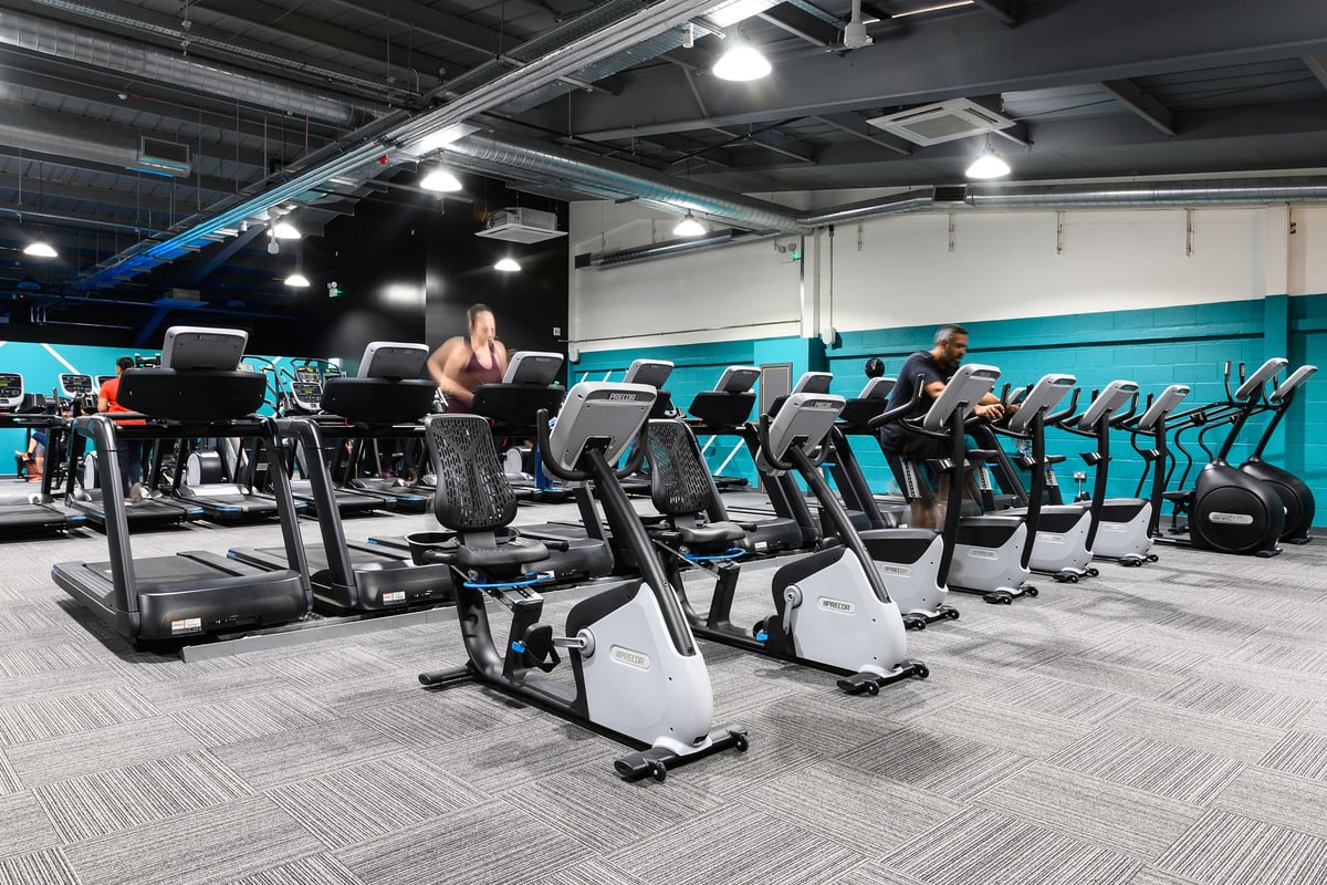 PureGym St Albans: Rows of treadmills and stationary bikes with mirrors and branding along the walls.