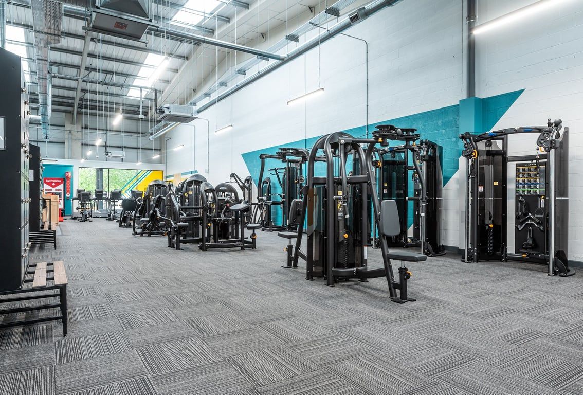 PureGym Thamesmead: Rows of strength machines, cable crosses, free weights and rubberised flooring in a gym studio.