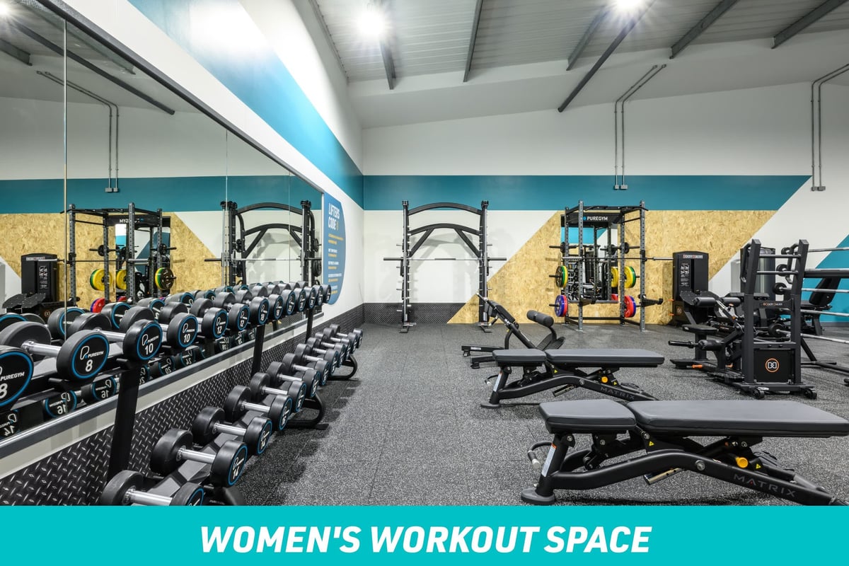 PureGym Colne Women's Workout Space: dumbbells and benches