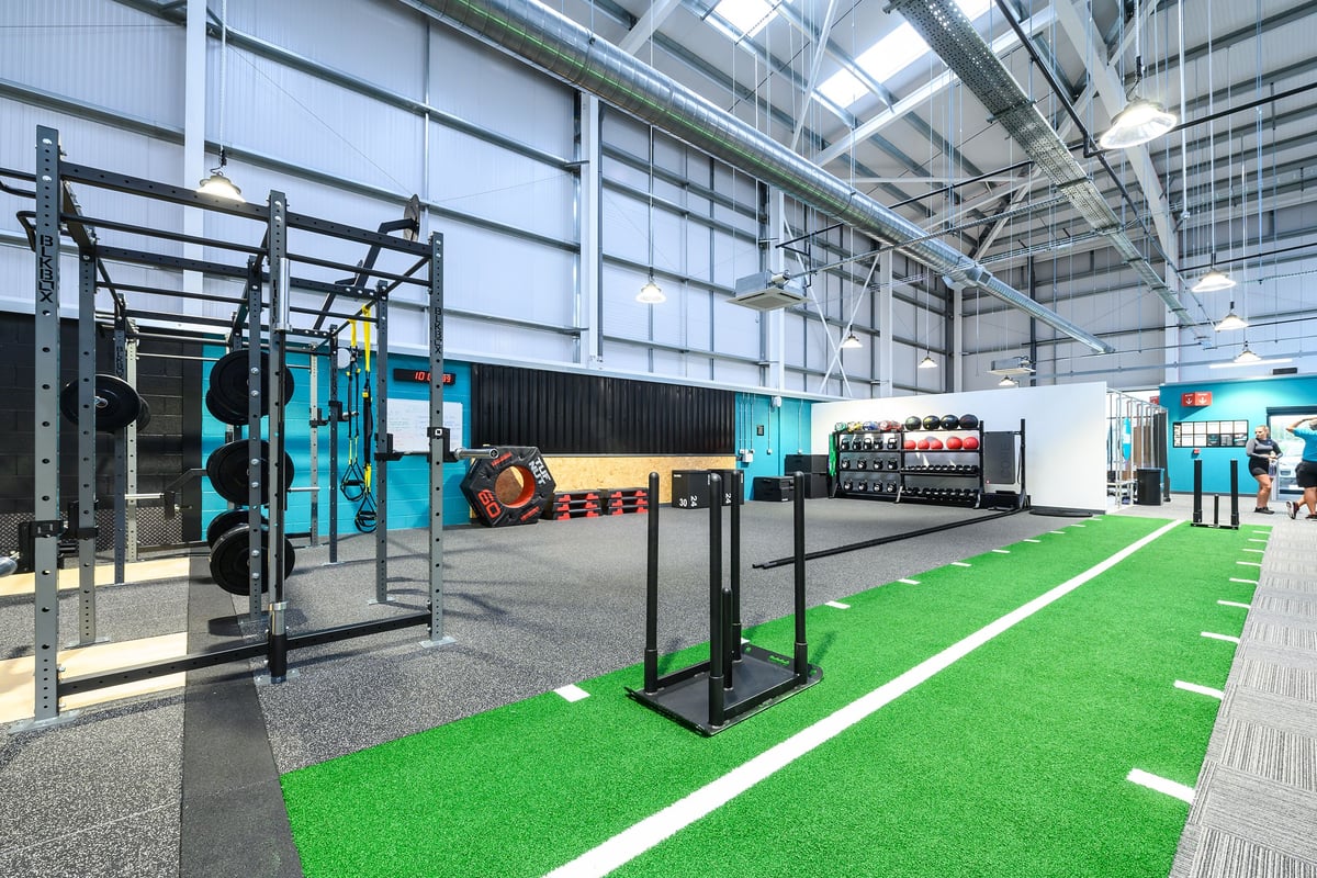 PureGym Saffron Walden: Functional rig, plyo boxes, weight plates, turf area inside a brightly lit gym space.
