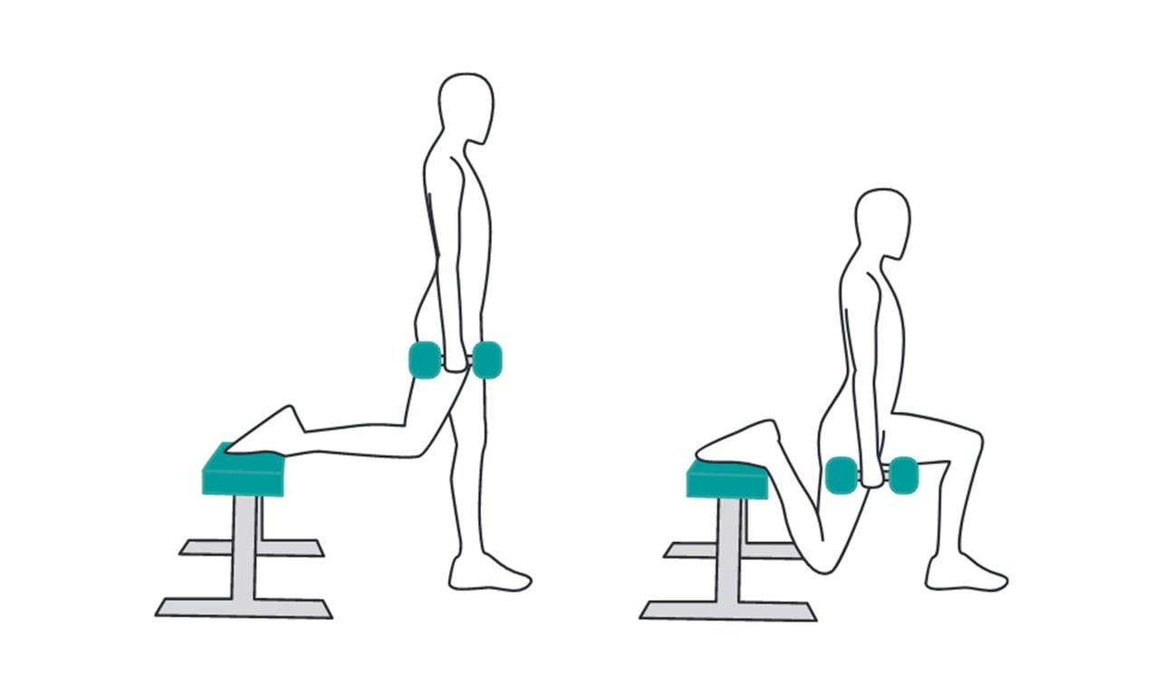 Person performing Bulgarian split squat with back foot on bench and dumbbells in hands.