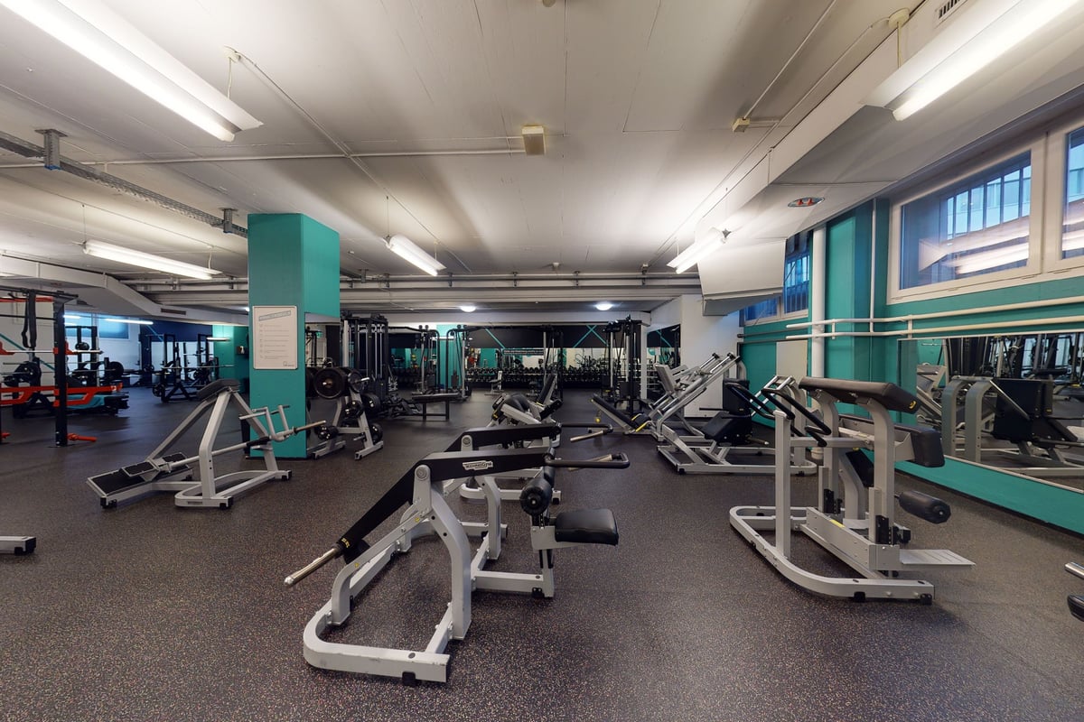 PureGym Basel Dreispitz: Gym with weight machines, benches, and rubberized flooring in teal and grey colour scheme.