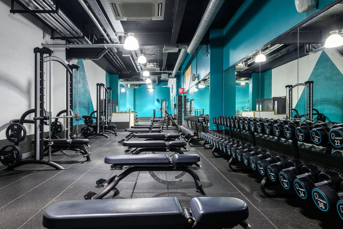 PureGym Birmingham Snow Hill Plaza dumbells with benches and large mirror