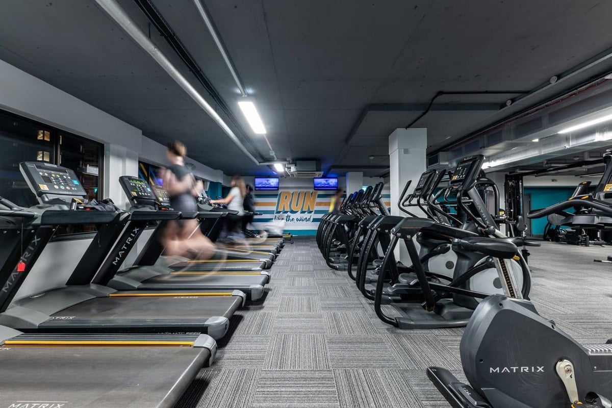 PureGym London Putney: Rows of treadmills, ellipticals, and exercise bikes in a dimly lit gym space.