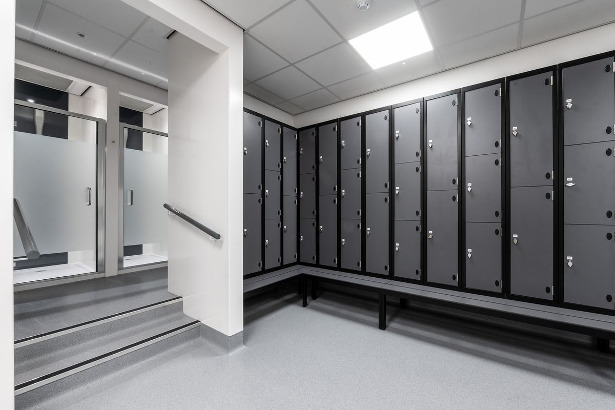 PureGym Walsall Crown Wharf: Rows of lockers, benches, and an entrance area for changing rooms.