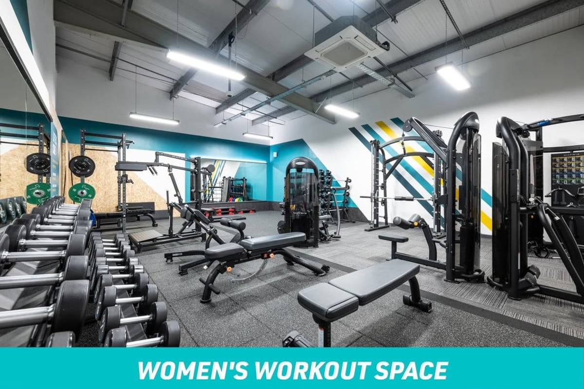PureGym Liverpool Brunswick Women's Workout Space: dumbbells, benches, pull down machine, squat rack