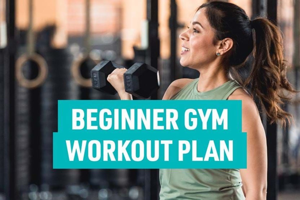 Woman lifting dumbbells in gym with text beginner gym workout plan overlaid