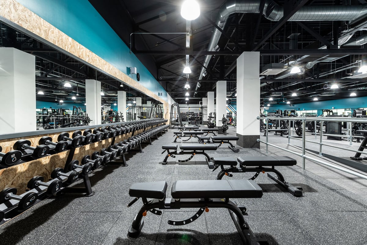 PureGym Bracknell: Rows of flat benches, racks with weights, on rubberized flooring in an industrial-looking gym interior.