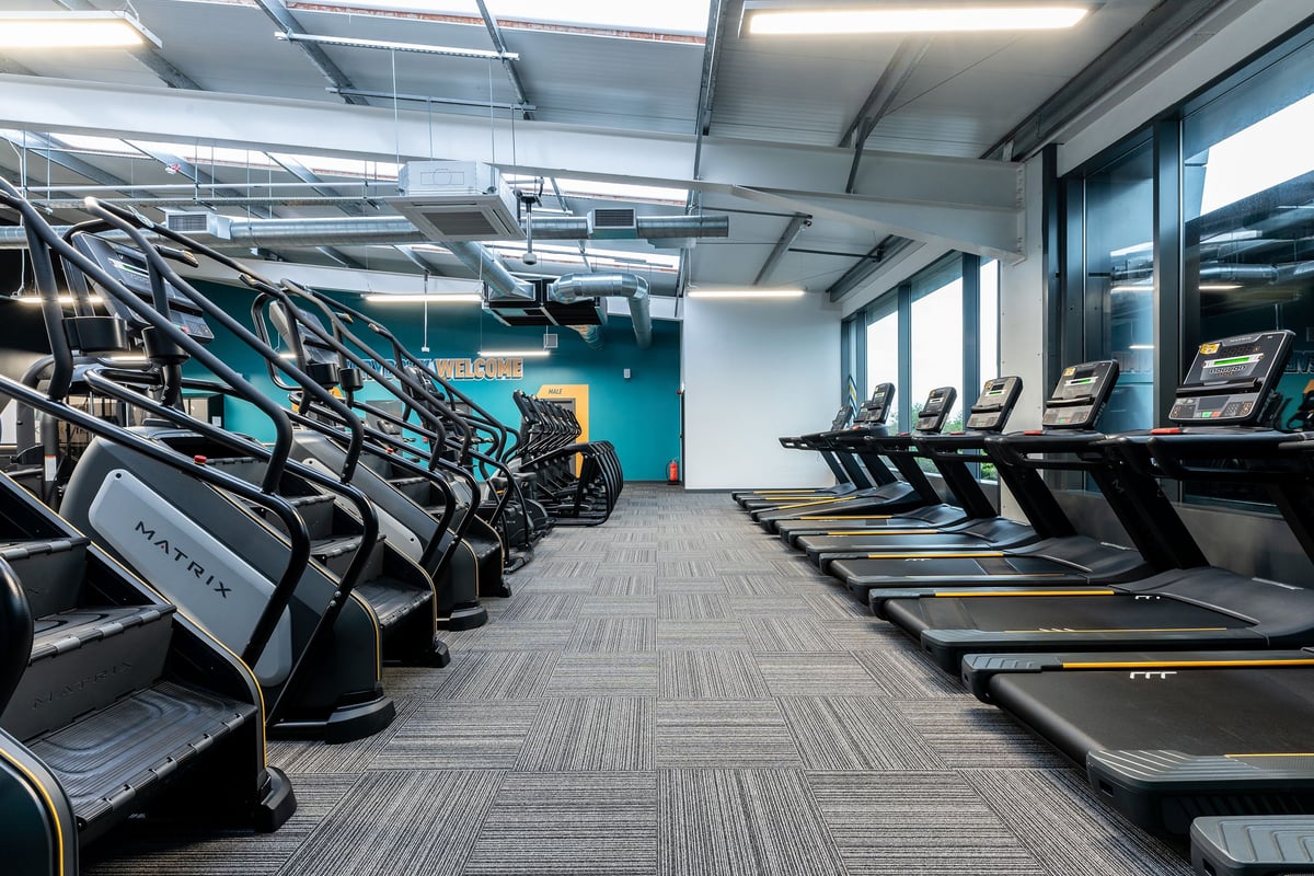 PureGym Solihull Sears Retail Park: Rows of treadmills and graffiti-style mural in a brightly lit gym studio space.