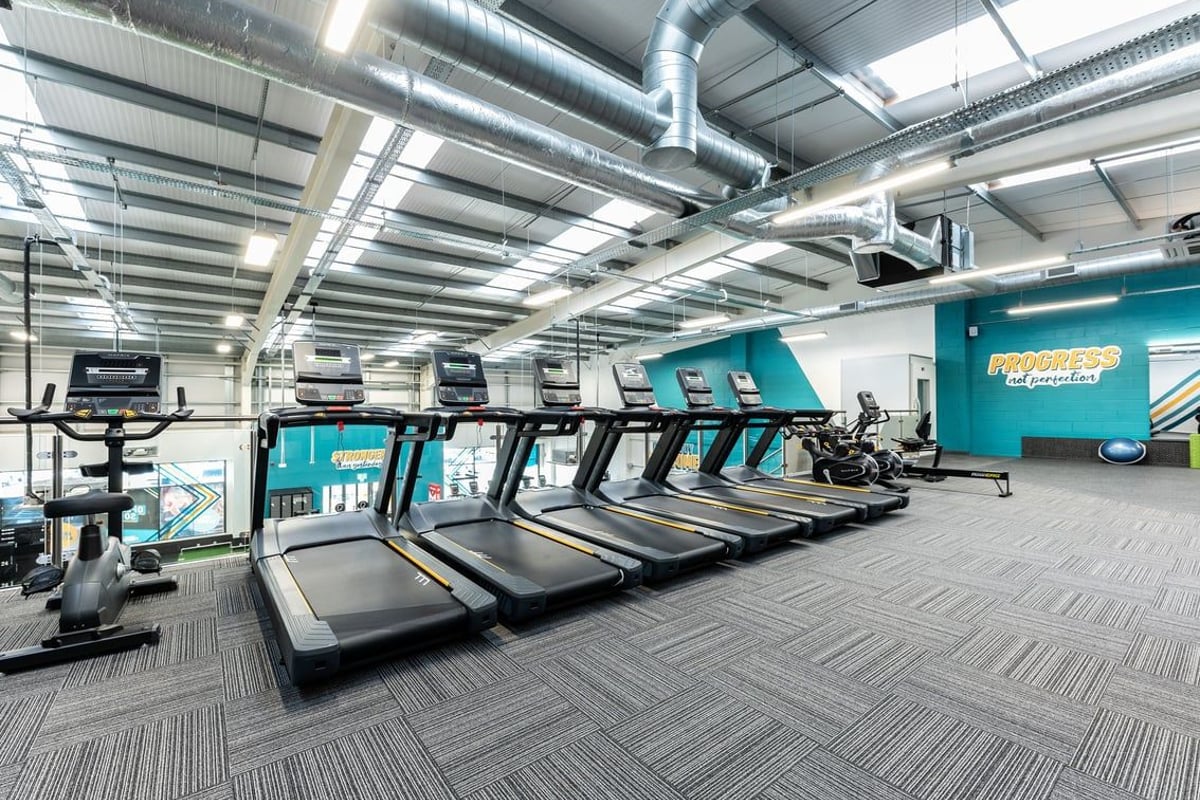 PureGym Consett: Rows of treadmills, vented ceiling, rubberised flooring in a bright fitness centre.