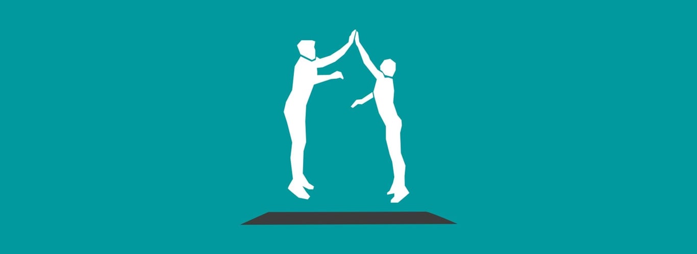 Two white silhouettes jumping and giving a high five on a teal background