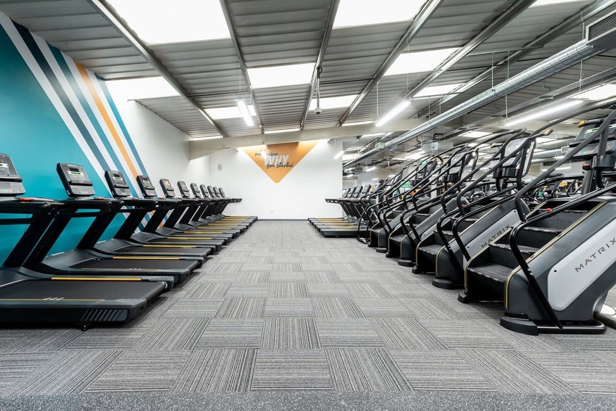 PureGym Cardiff Western Avenue: Rows of treadmills alongside weight machines in a brightly lit gym interior.