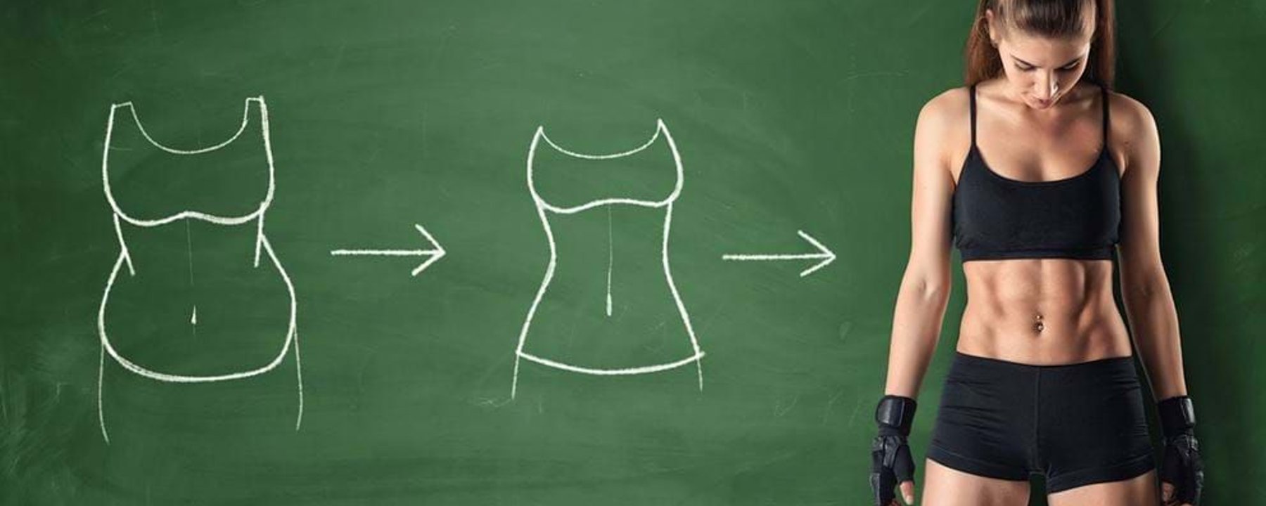 Fit woman in sportswear standing next to chalk drawings of slimming body transformations