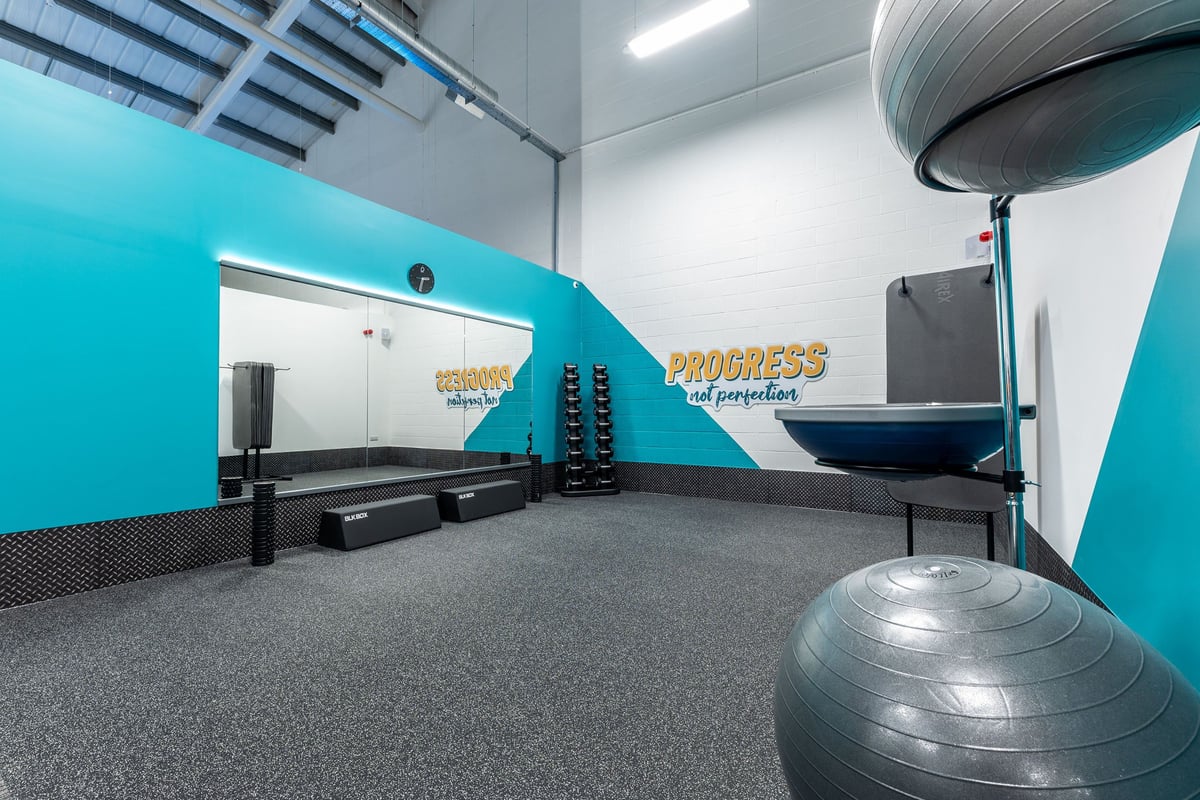 PureGym Byfleet: Rubberized flooring, large fans, resistance machines, exercise balls in a teal and grey studio.