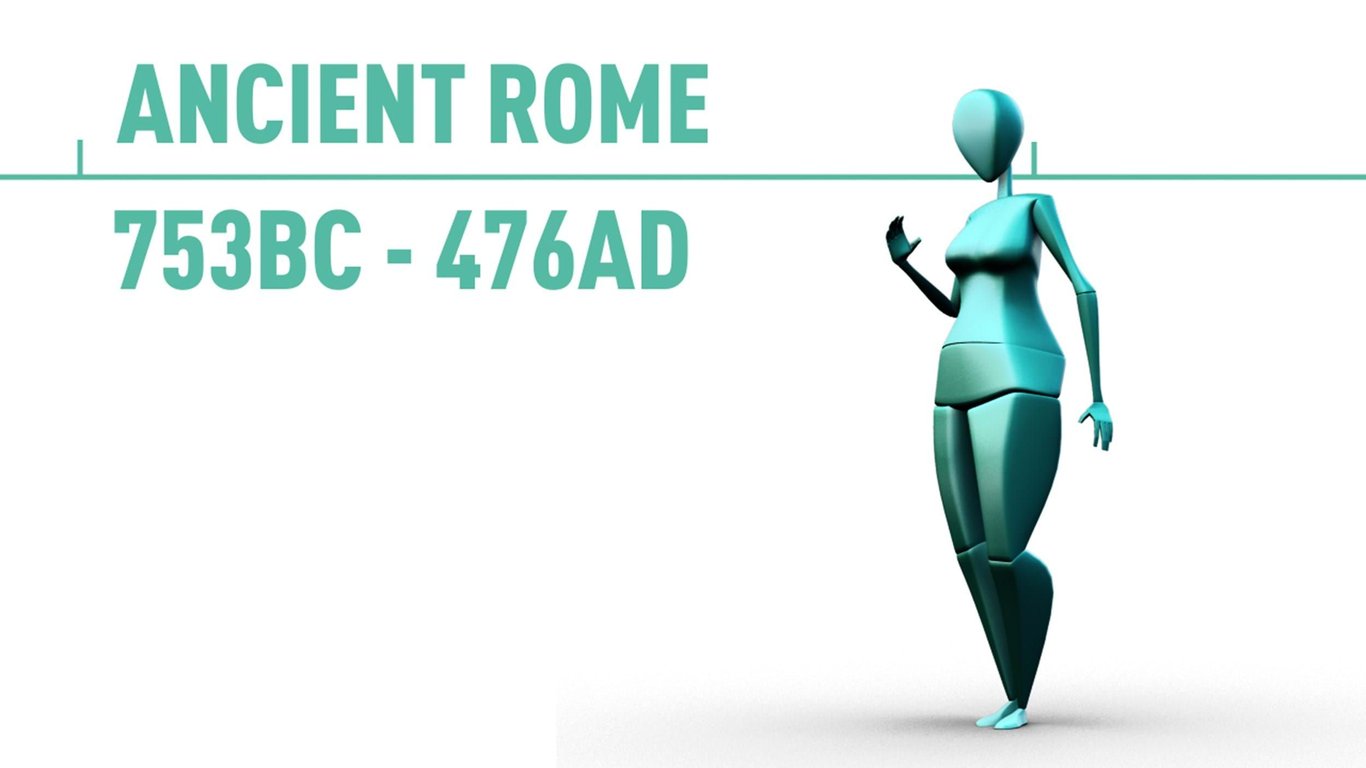 Stylised blue mannequin figure next to text Ancient Rome 753BC - 476AD on white background