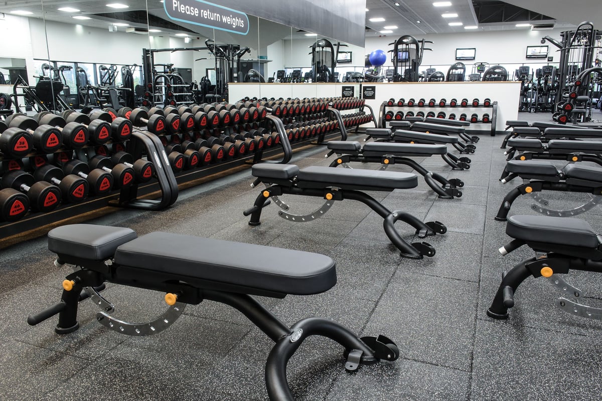PureGym Bedford Heights: Rows of weight benches, free weights, dumbbell racks, and weight machines in a gym setting.