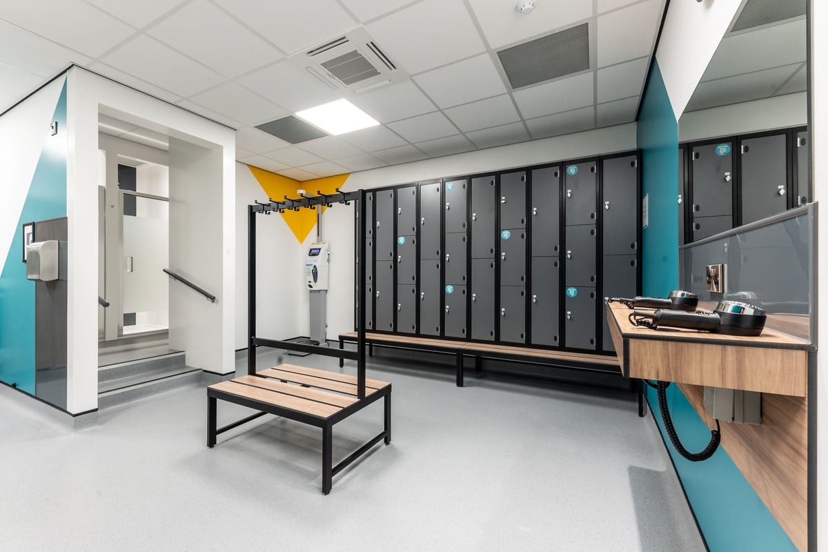 PureGym Port Talbot changing room: Lockers, benches, hairdryer, mirror